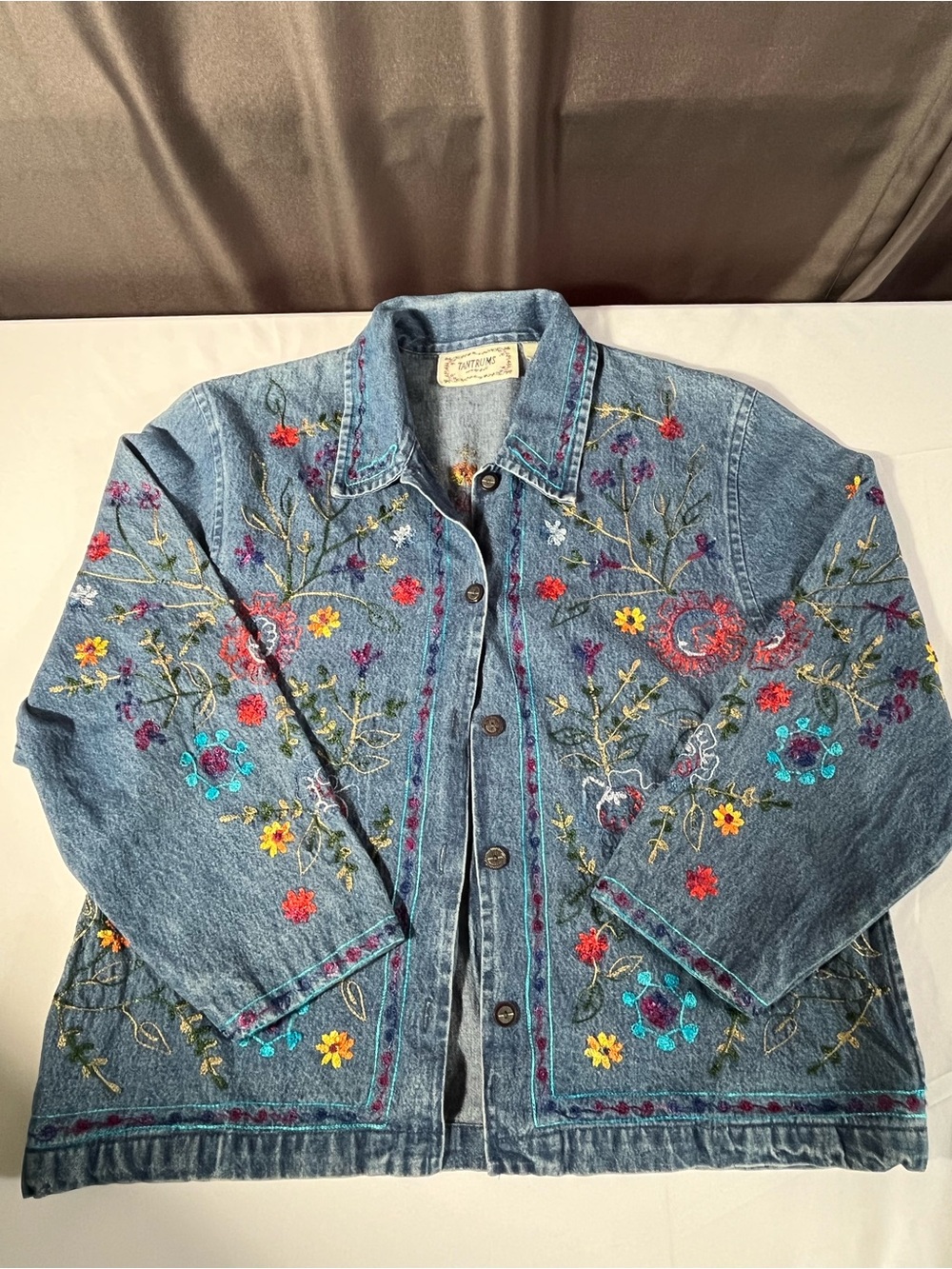 Tantrums Floral Embroidered Denim Jacket Boho Cottagecore M